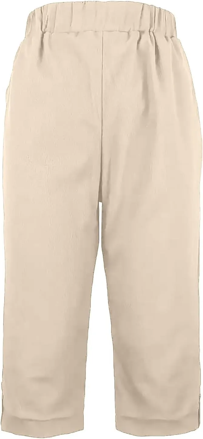 Cotton Linen Capri Pants for Women Wide Leg High Waisted Palazzo Capris Pants Lightweight Beach Straight Leg Trousers