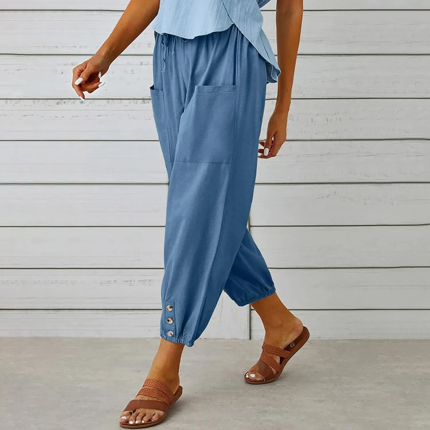 Cotton Linen Pants for Women Casual Summer Elastic High Waist Drawstring Lounge Pant Straight Leg Cropped Trousers