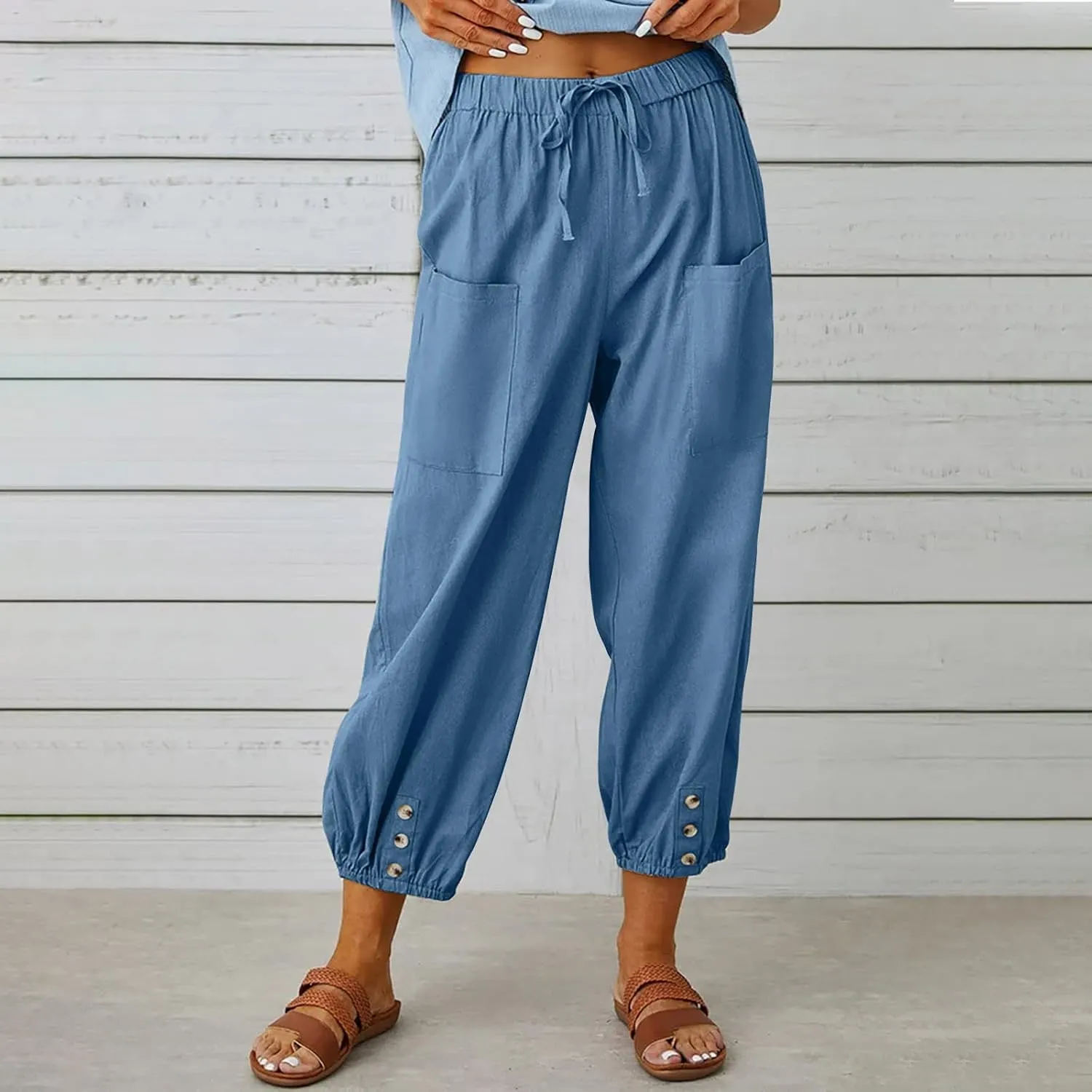 Cotton Linen Pants for Women Casual Summer Elastic High Waist Drawstring Lounge Pant Straight Leg Cropped Trousers