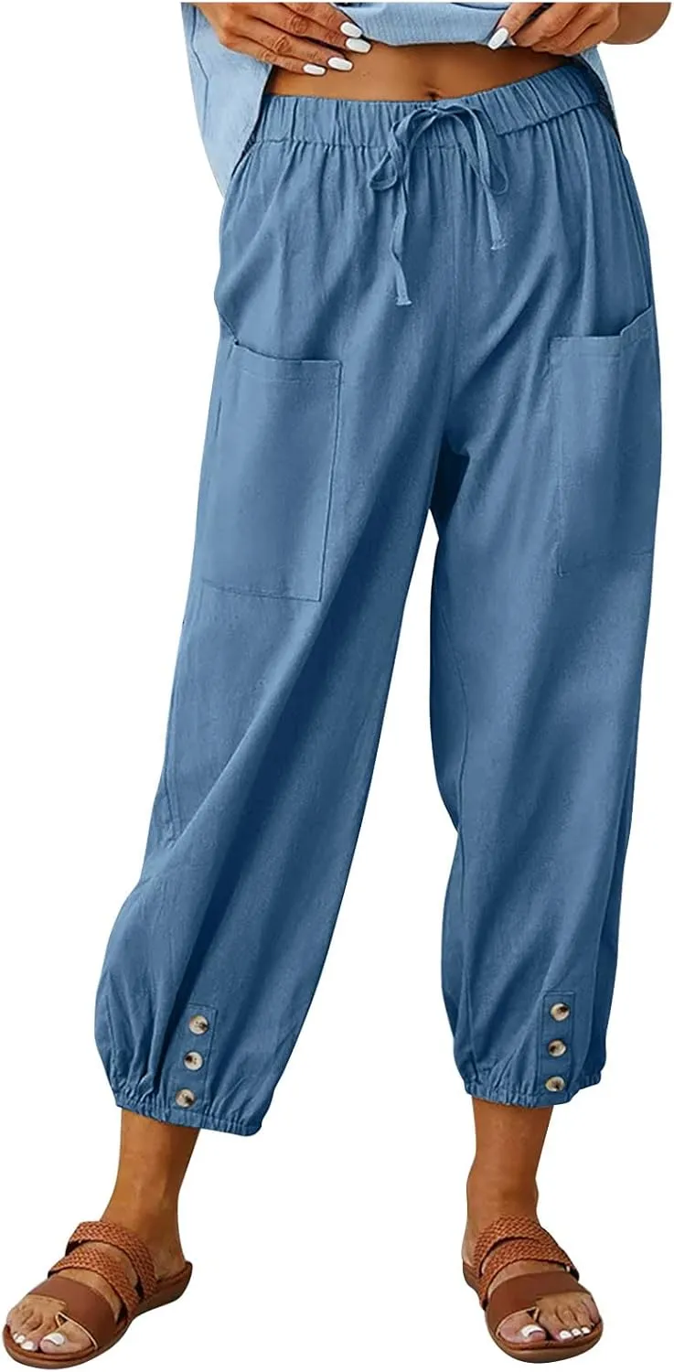 Cotton Linen Pants for Women Casual Summer Elastic High Waist Drawstring Lounge Pant Straight Leg Cropped Trousers