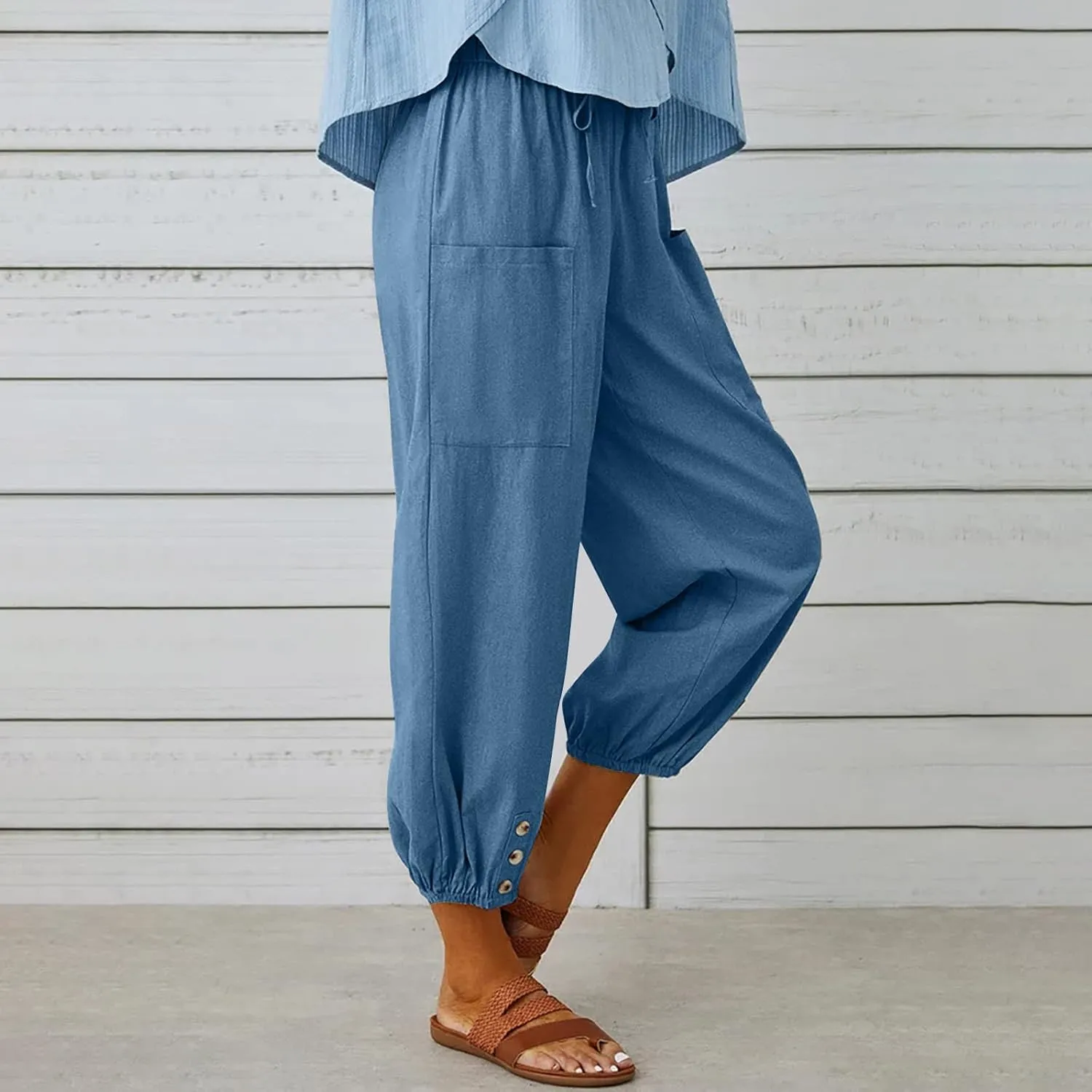 Cotton Linen Pants for Women Casual Summer Elastic High Waist Drawstring Lounge Pant Straight Leg Cropped Trousers