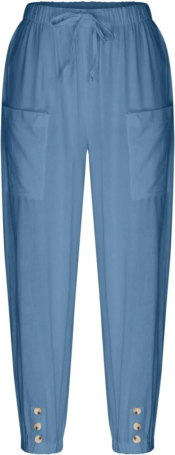 Cotton Linen Pants for Women Casual Summer Elastic High Waist Drawstring Lounge Pant Straight Leg Cropped Trousers