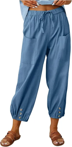 Cotton Linen Pants for Women Casual Summer Elastic High Waist Drawstring Lounge Pant Straight Leg Cropped Trousers