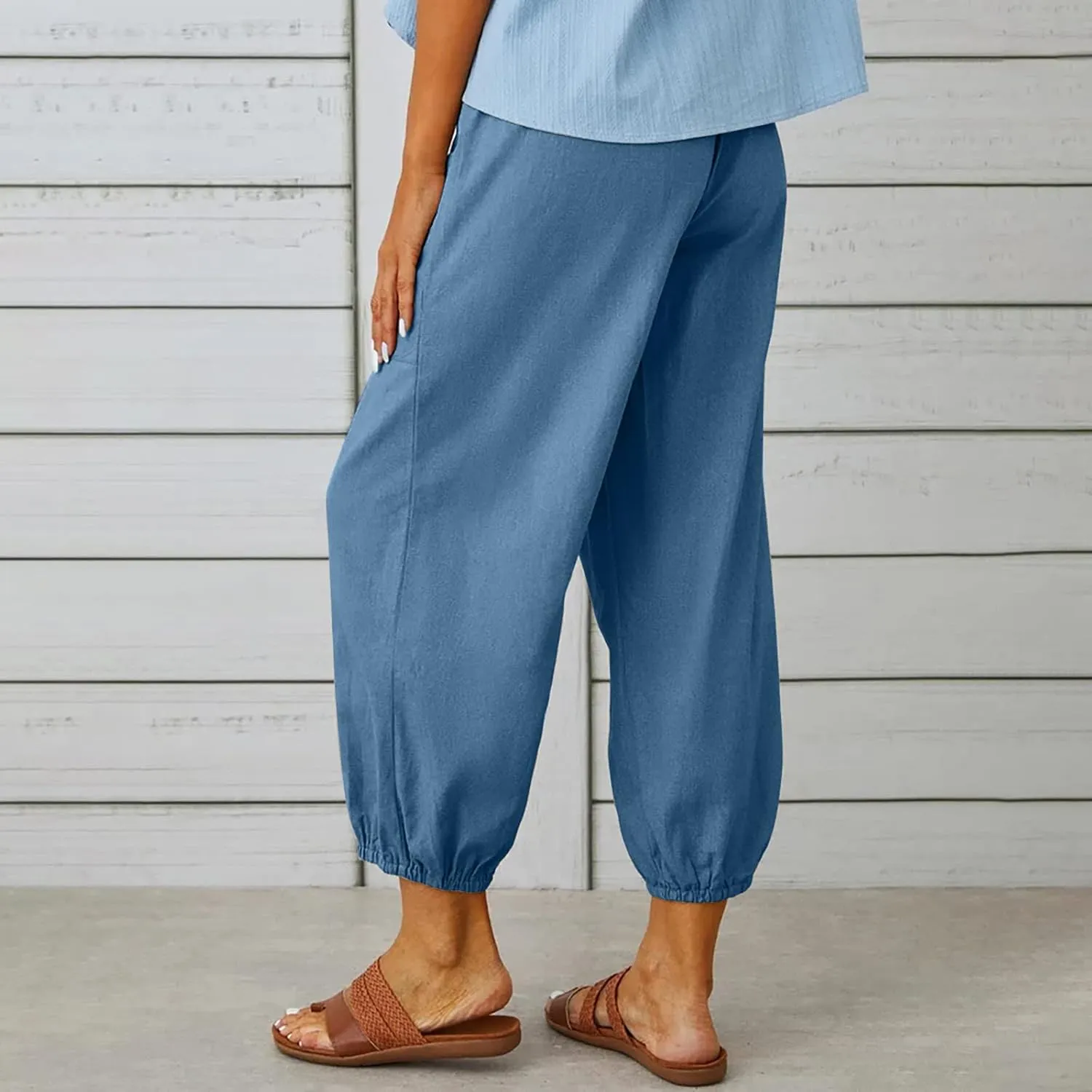 Cotton Linen Pants for Women Casual Summer Elastic High Waist Drawstring Lounge Pant Straight Leg Cropped Trousers