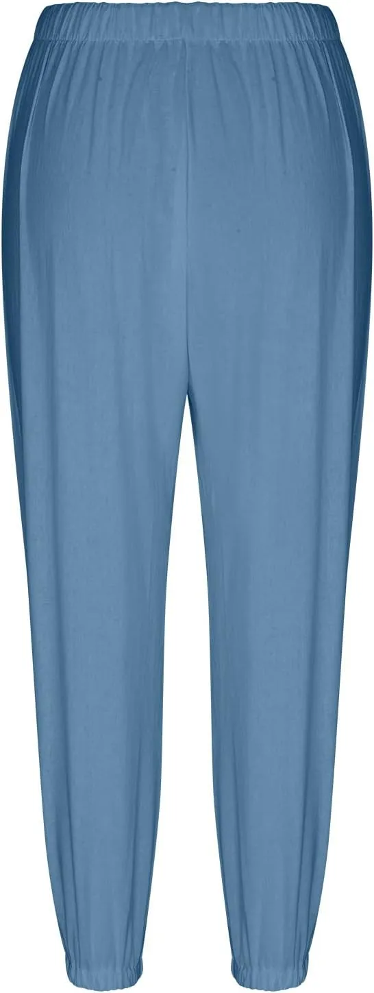 Cotton Linen Pants for Women Casual Summer Elastic High Waist Drawstring Lounge Pant Straight Leg Cropped Trousers