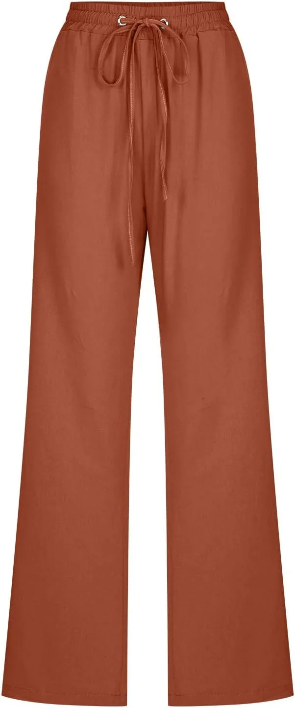 Cotton Linen Pants for Women Dressy Casual High Waisted Drawstring Pant Causal Summer Straight Leg Lounge Trousers