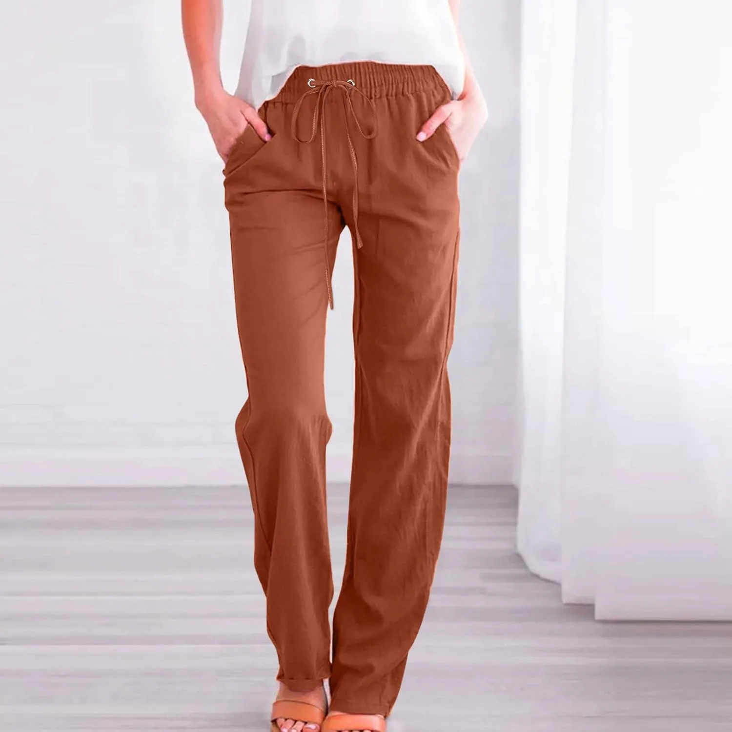 Cotton Linen Pants for Women Dressy Casual High Waisted Drawstring Pant Causal Summer Straight Leg Lounge Trousers