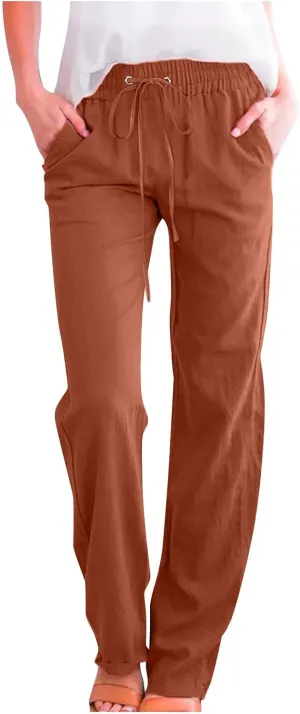 Cotton Linen Pants for Women Dressy Casual High Waisted Drawstring Pant Causal Summer Straight Leg Lounge Trousers