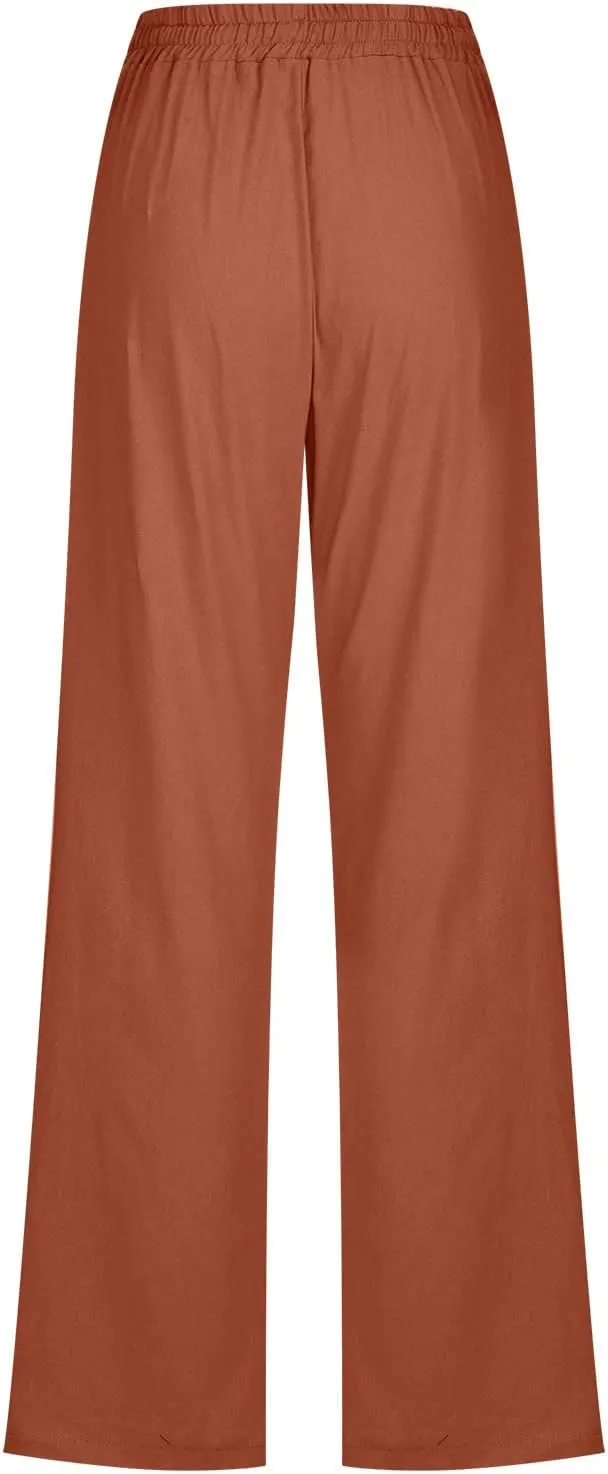 Cotton Linen Pants for Women Dressy Casual High Waisted Drawstring Pant Causal Summer Straight Leg Lounge Trousers