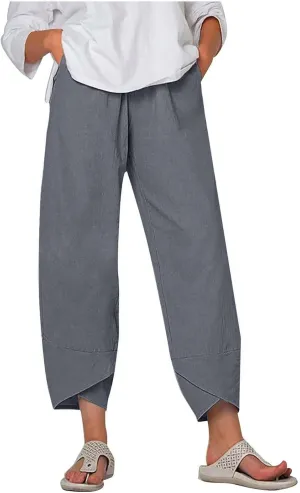 Cotton Linen Pants for Women Summer 2025 Casual Elastic Waist Cropped Trousers Beach Boho Capris Pants with Pockets