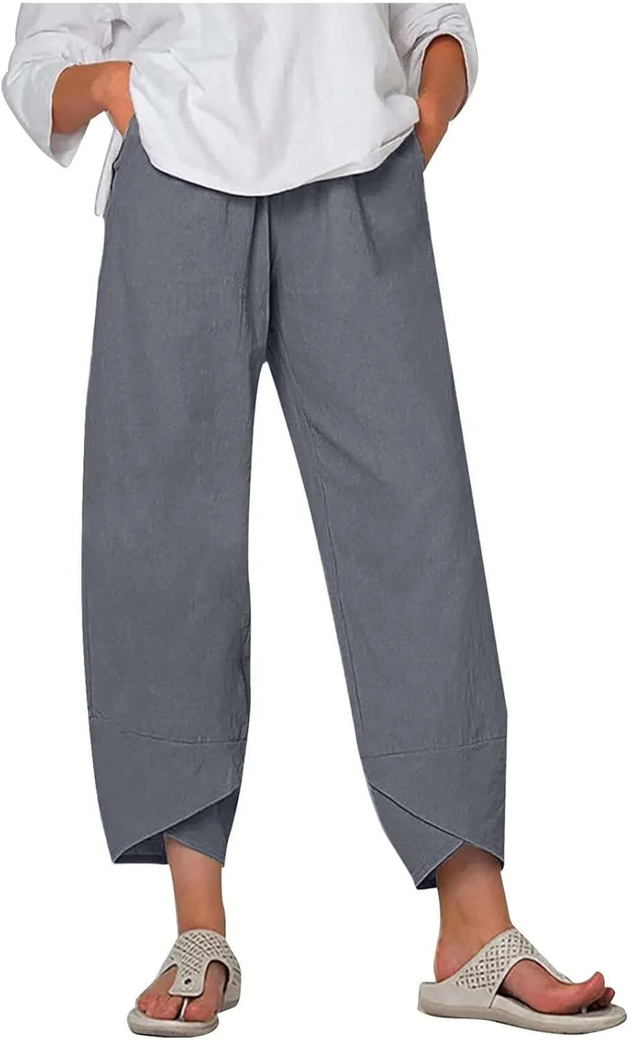 Cotton Linen Pants for Women Summer 2025 Casual Elastic Waist Cropped Trousers Beach Boho Capris Pants with Pockets