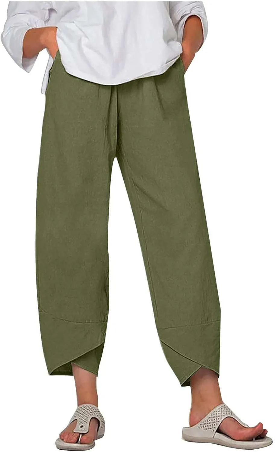 Cotton Linen Pants for Women Summer 2025 Casual Elastic Waist Cropped Trousers Beach Boho Capris Pants with Pockets