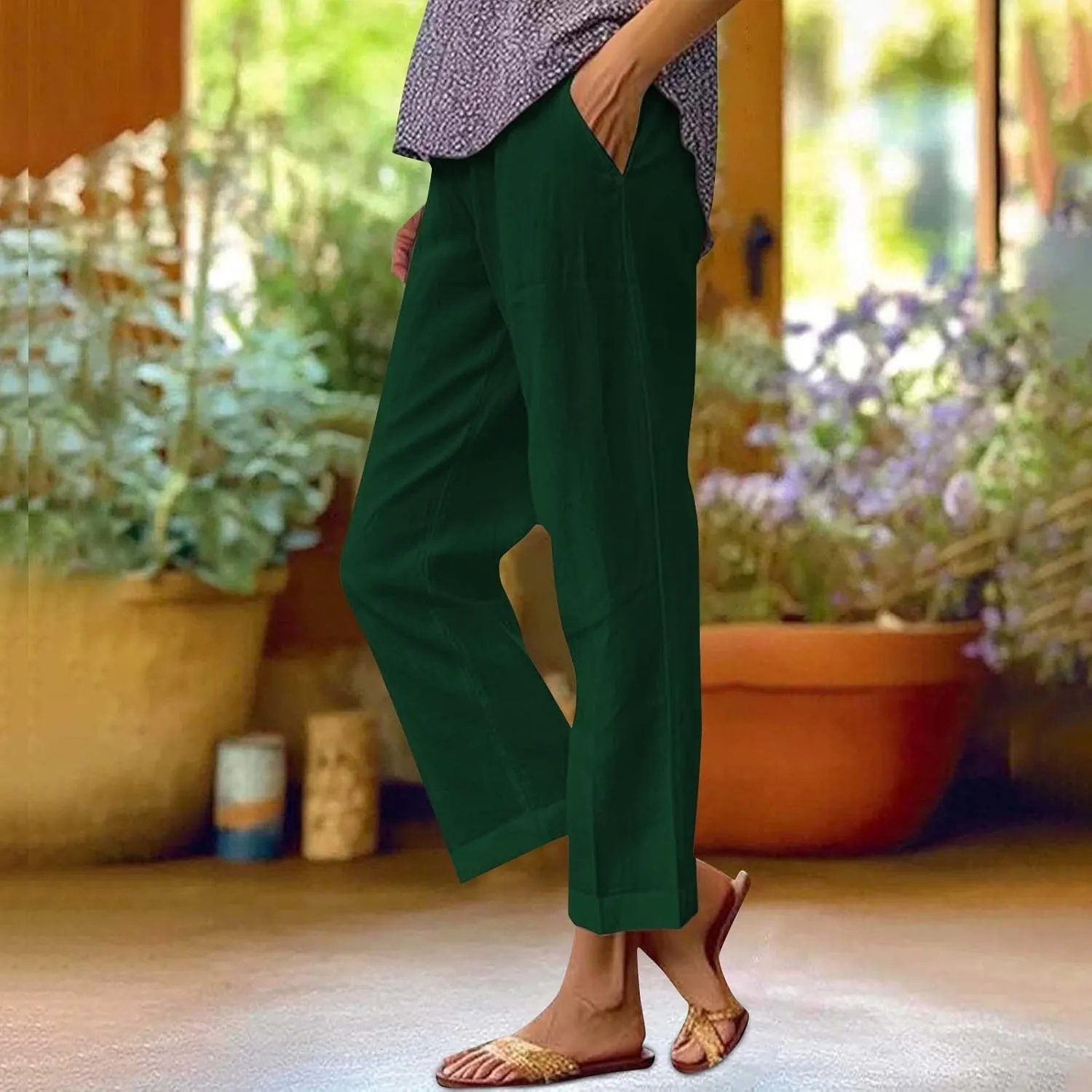 Cotton Linen Pants for Women Summer Boho Plus Size Elastic Waist Casual Loose Beach Straight Leg Trouser with Pockets