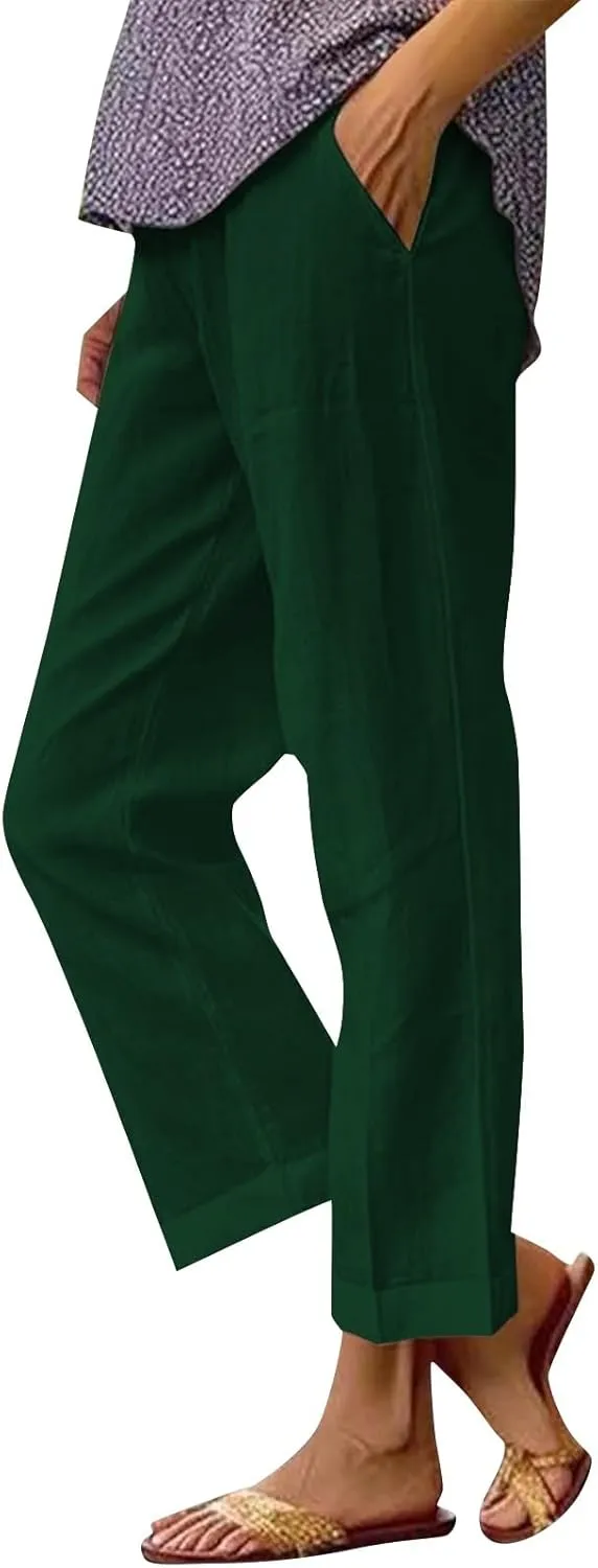 Cotton Linen Pants for Women Summer Boho Plus Size Elastic Waist Casual Loose Beach Straight Leg Trouser with Pockets