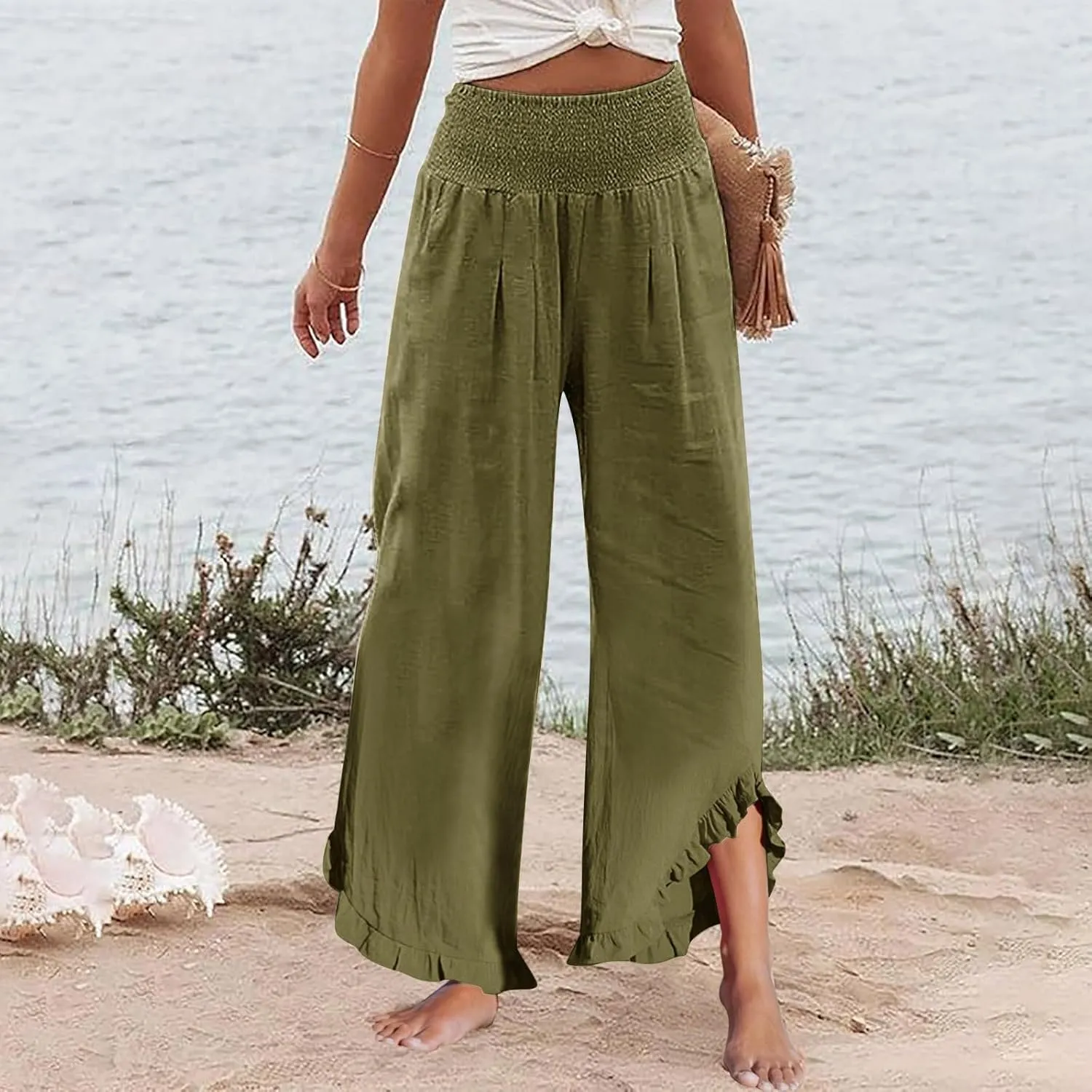 Cotton Linen Pants Women Casual Summer Pleated Elastic Waist Palazzo Pants Wide Leg Ruffle Boho Flowy Beach Trousers