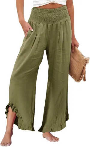 Cotton Linen Pants Women Casual Summer Pleated Elastic Waist Palazzo Pants Wide Leg Ruffle Boho Flowy Beach Trousers