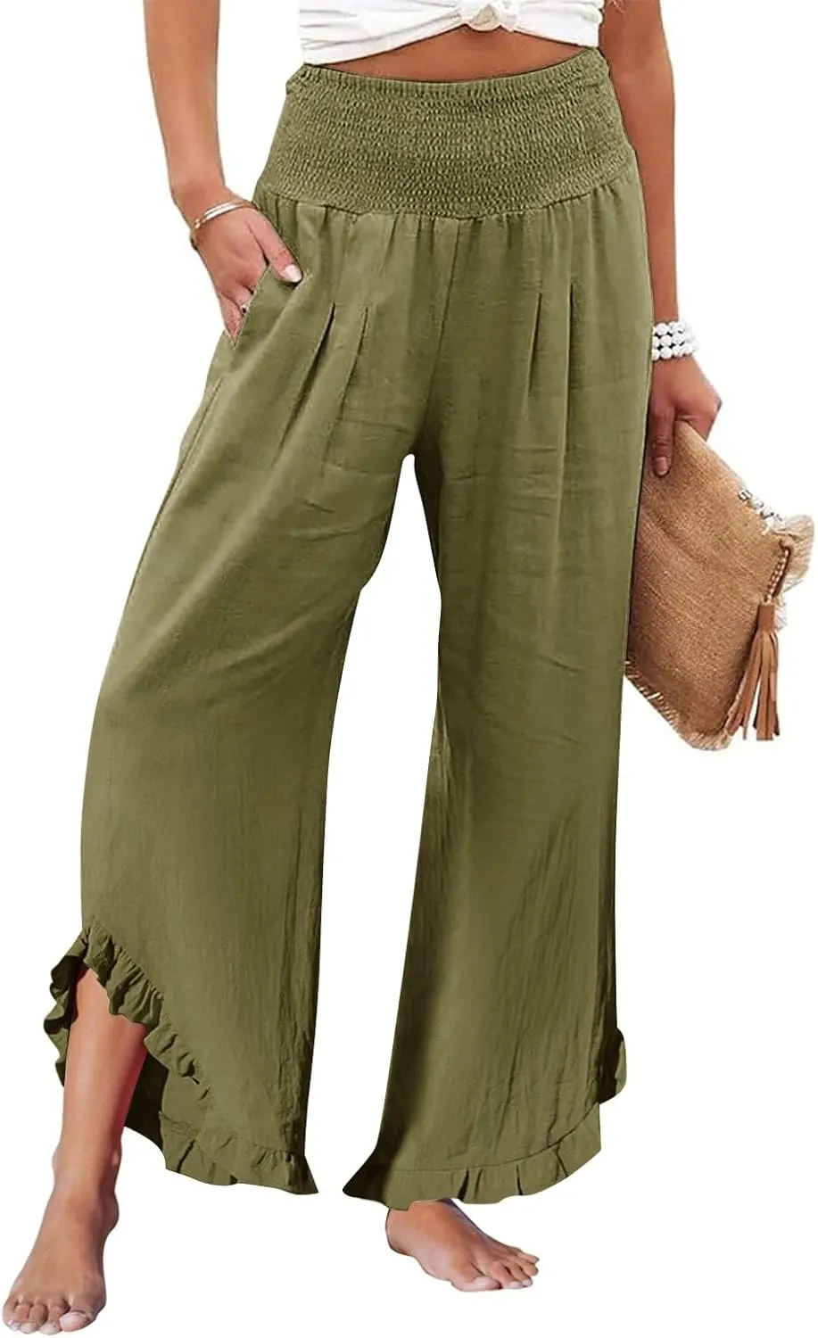 Cotton Linen Pants Women Casual Summer Pleated Elastic Waist Palazzo Pants Wide Leg Ruffle Boho Flowy Beach Trousers