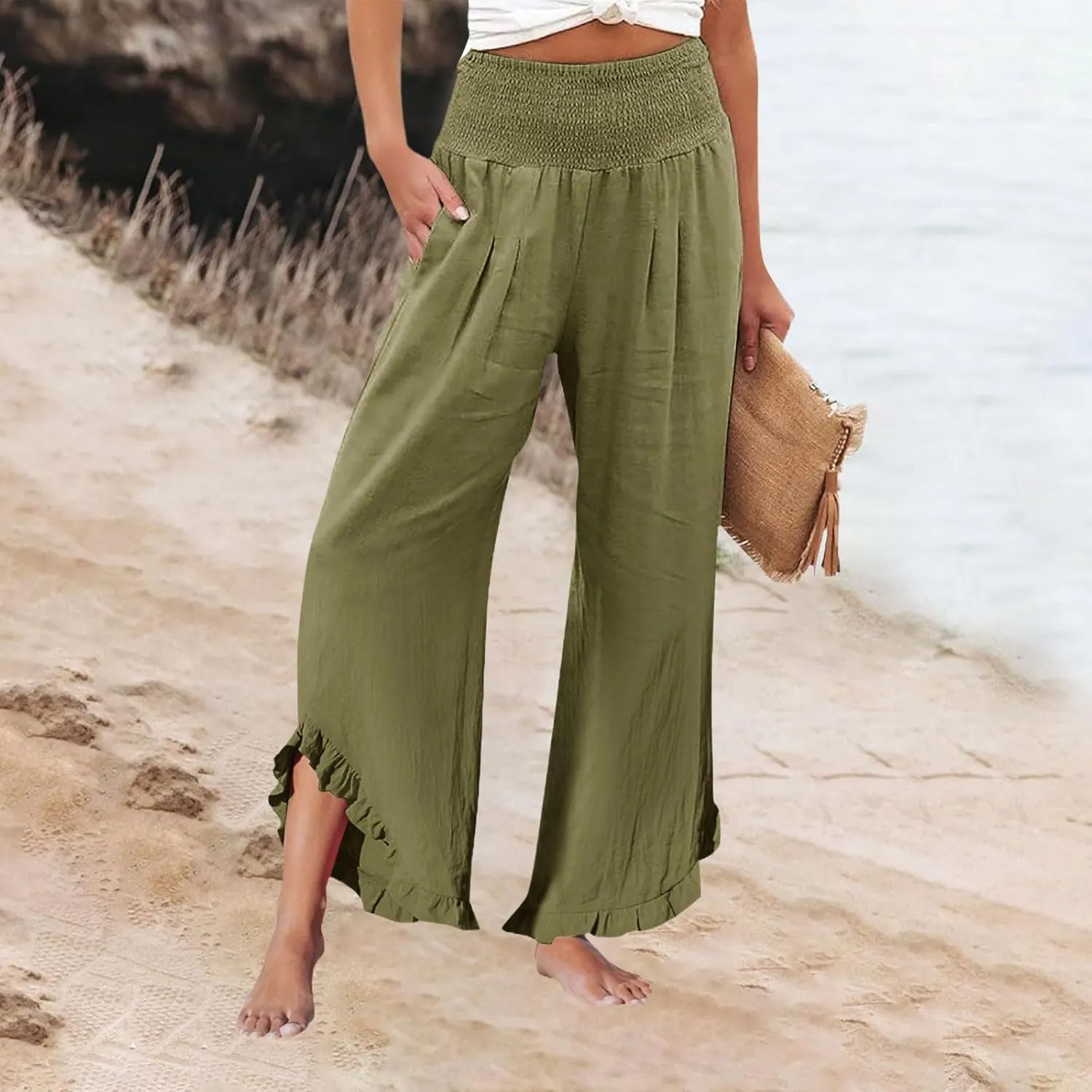 Cotton Linen Pants Women Casual Summer Pleated Elastic Waist Palazzo Pants Wide Leg Ruffle Boho Flowy Beach Trousers