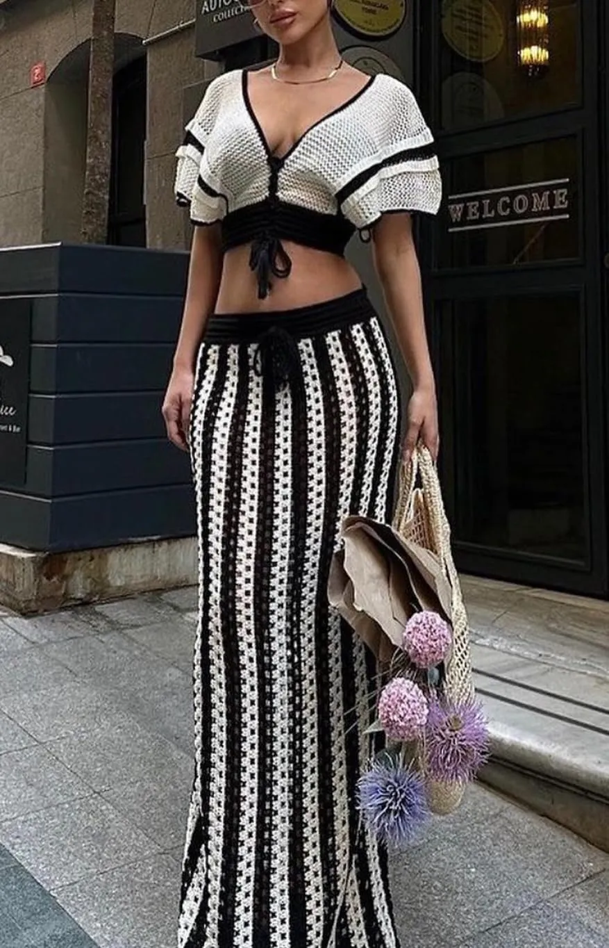 cu4eve Crochet Dresses for Women Two Piece Sexy Beach Vacation Knit V Neck Crop Top and Long Maxi Skirt Sets Coverups