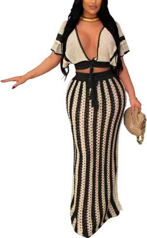 cu4eve Crochet Dresses for Women Two Piece Sexy Beach Vacation Knit V Neck Crop Top and Long Maxi Skirt Sets Coverups