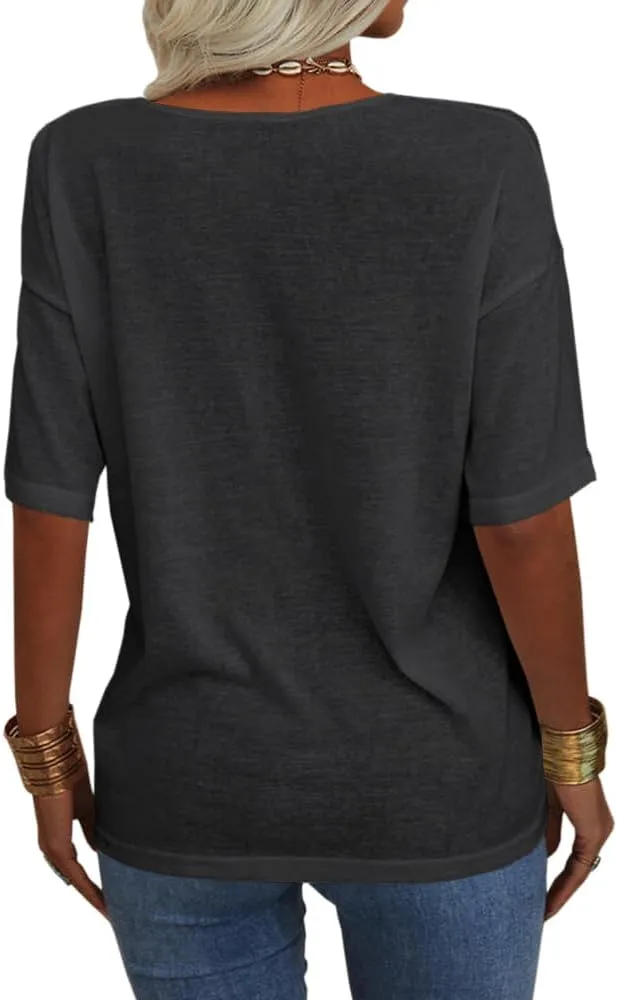 Danedvi Women Fashion V-Neck Half Sleeves Oversized T Shirt Solid Casual Loose Basic Tops