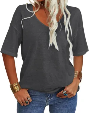Danedvi Women Fashion V-Neck Half Sleeves Oversized T Shirt Solid Casual Loose Basic Tops