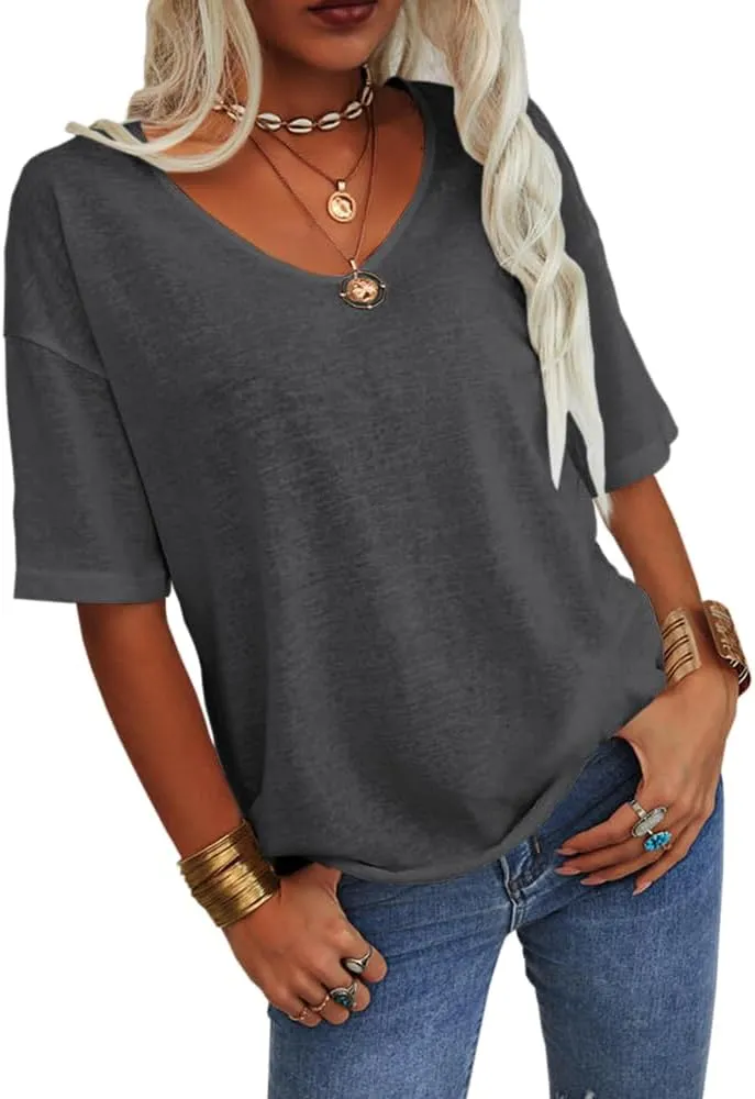 Danedvi Women Fashion V-Neck Half Sleeves Oversized T Shirt Solid Casual Loose Basic Tops