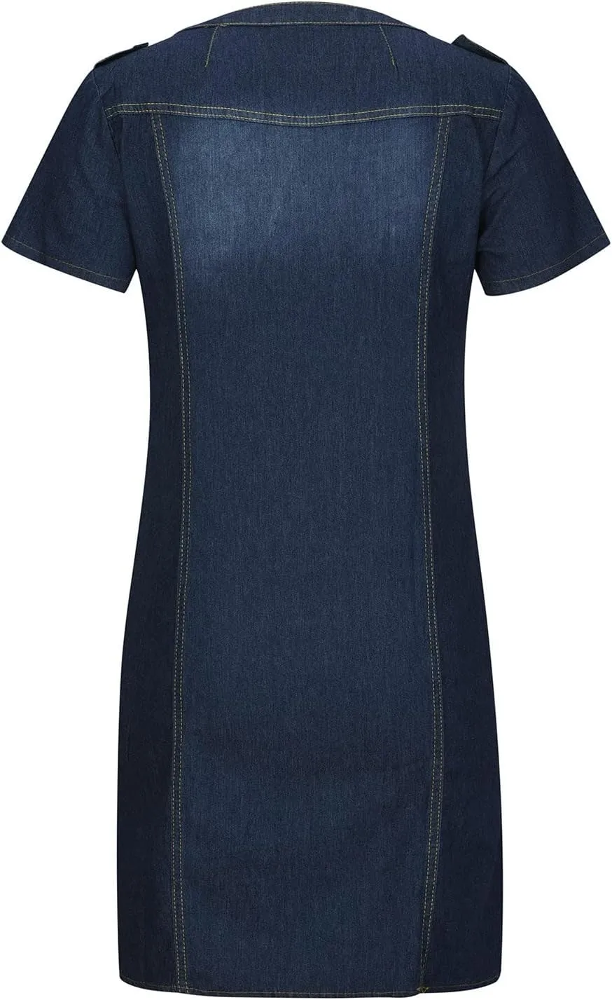 Denim Dress for Women Button Up Jean Shirt Vacation Dresses Casual Summer Tshirt Mini Dress Bussiness Work Dress