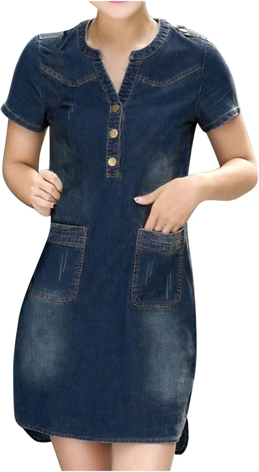 Denim Dress for Women Button Up Jean Shirt Vacation Dresses Casual Summer Tshirt Mini Dress Bussiness Work Dress
