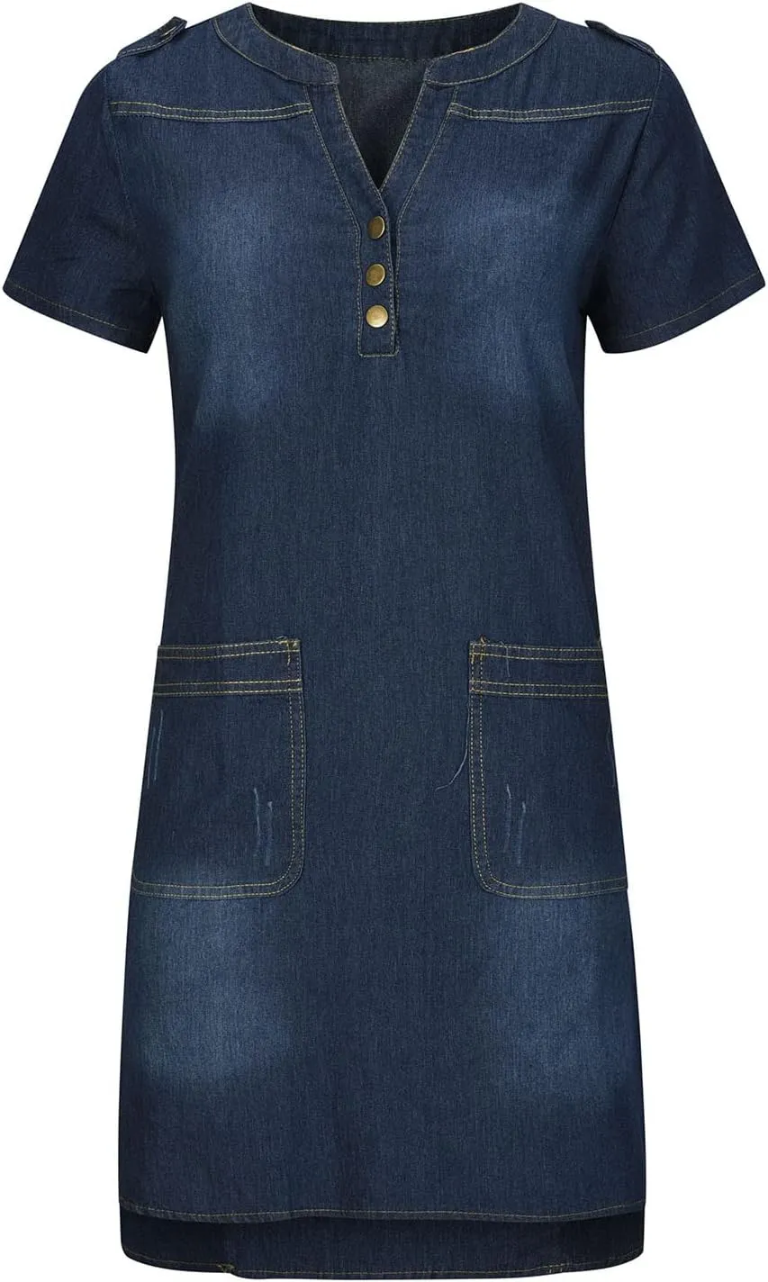 Denim Dress for Women Button Up Jean Shirt Vacation Dresses Casual Summer Tshirt Mini Dress Bussiness Work Dress