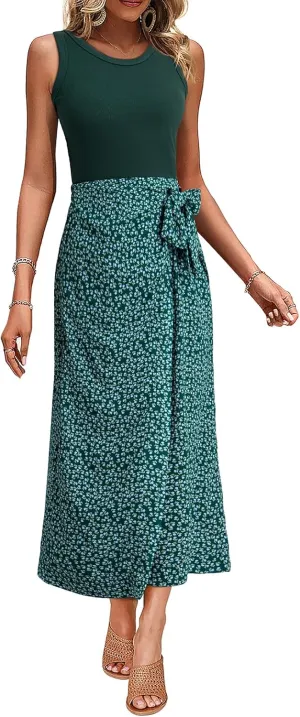 Dokotoo 2 Piece Sets for Women Summer Sleeveless Tank Tops and Boho Tie Knot Elastic Waist Midi Skirt Set
