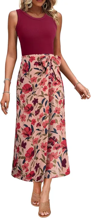 Dokotoo 2 Piece Sets for Women Summer Sleeveless Tank Tops and Boho Tie Knot Elastic Waist Midi Skirt Set