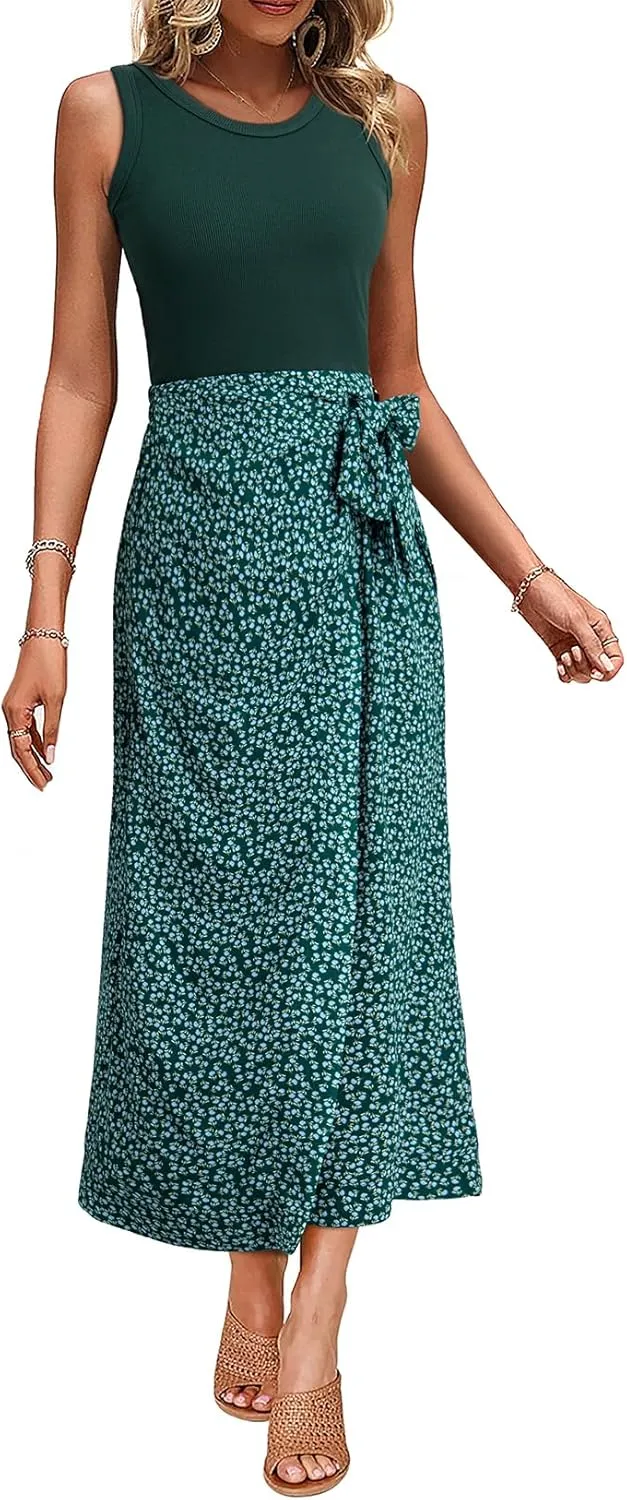 Dokotoo 2 Piece Sets for Women Summer Sleeveless Tank Tops and Boho Tie Knot Elastic Waist Midi Skirt Set