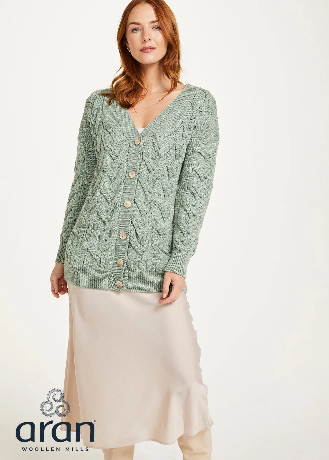 Downpatrick Ladies Aran Cardigan | Mint Green