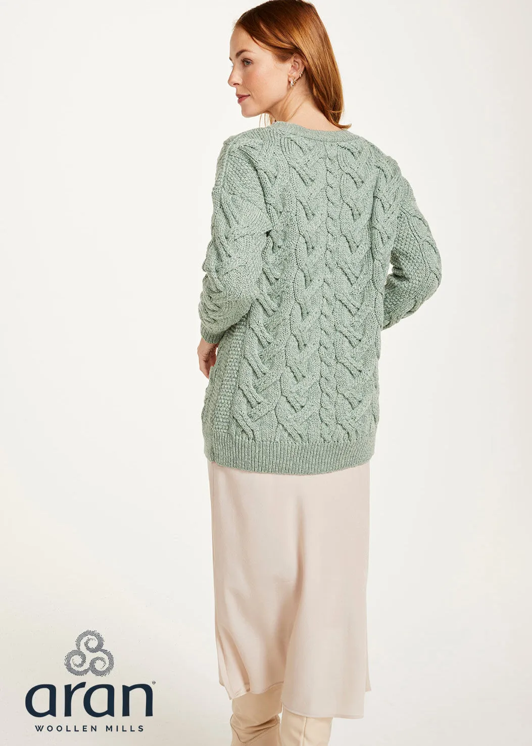 Downpatrick Ladies Aran Cardigan | Mint Green