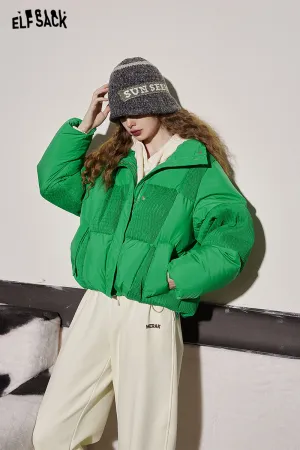 ELFSACK Green Spliced Warm Down Coats Women 2023 Winter Loose Short Casual Outwears