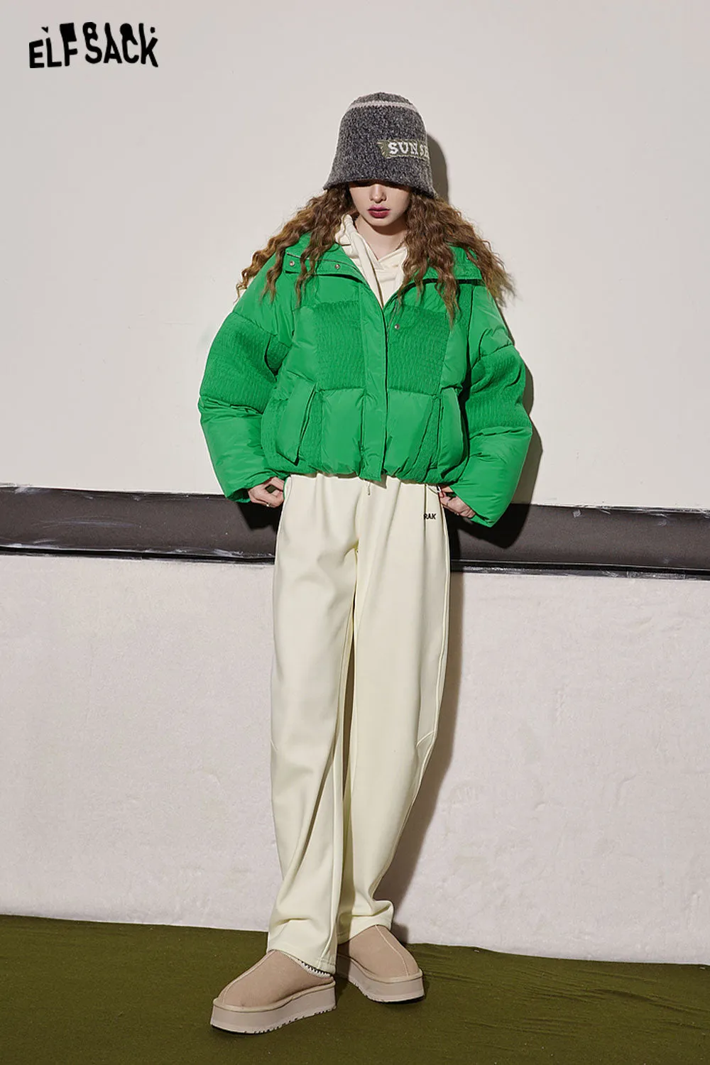 ELFSACK Green Spliced Warm Down Coats Women 2023 Winter Loose Short Casual Outwears