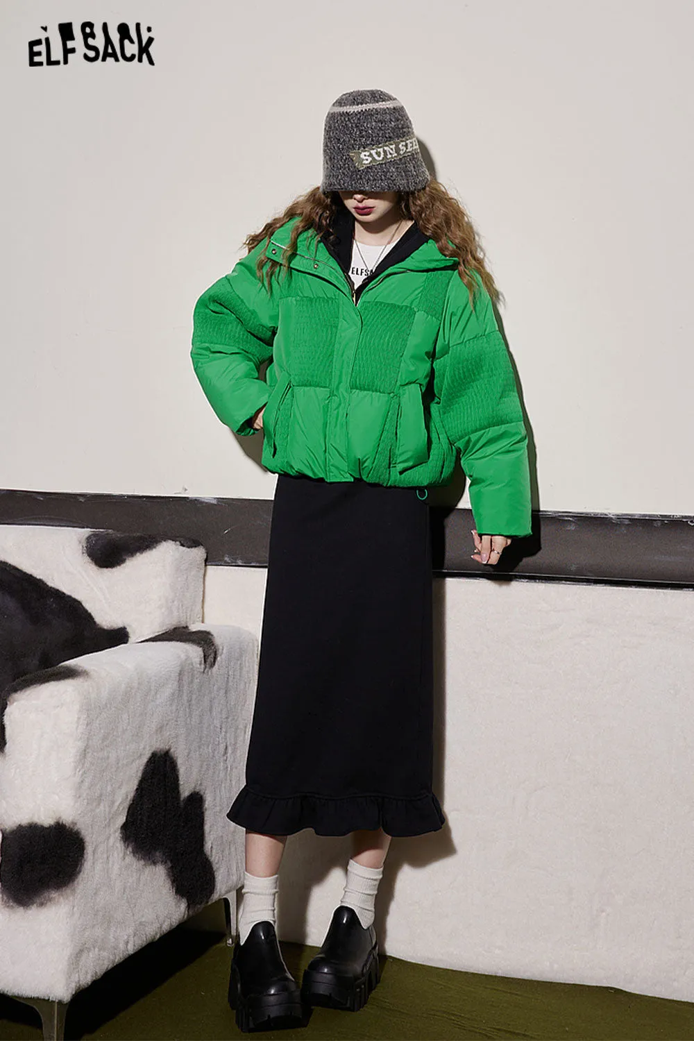 ELFSACK Green Spliced Warm Down Coats Women 2023 Winter Loose Short Casual Outwears