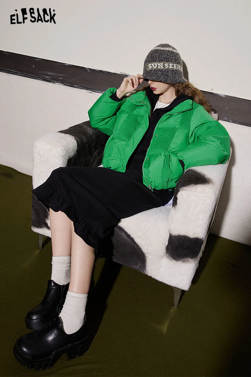 ELFSACK Green Spliced Warm Down Coats Women 2023 Winter Loose Short Casual Outwears