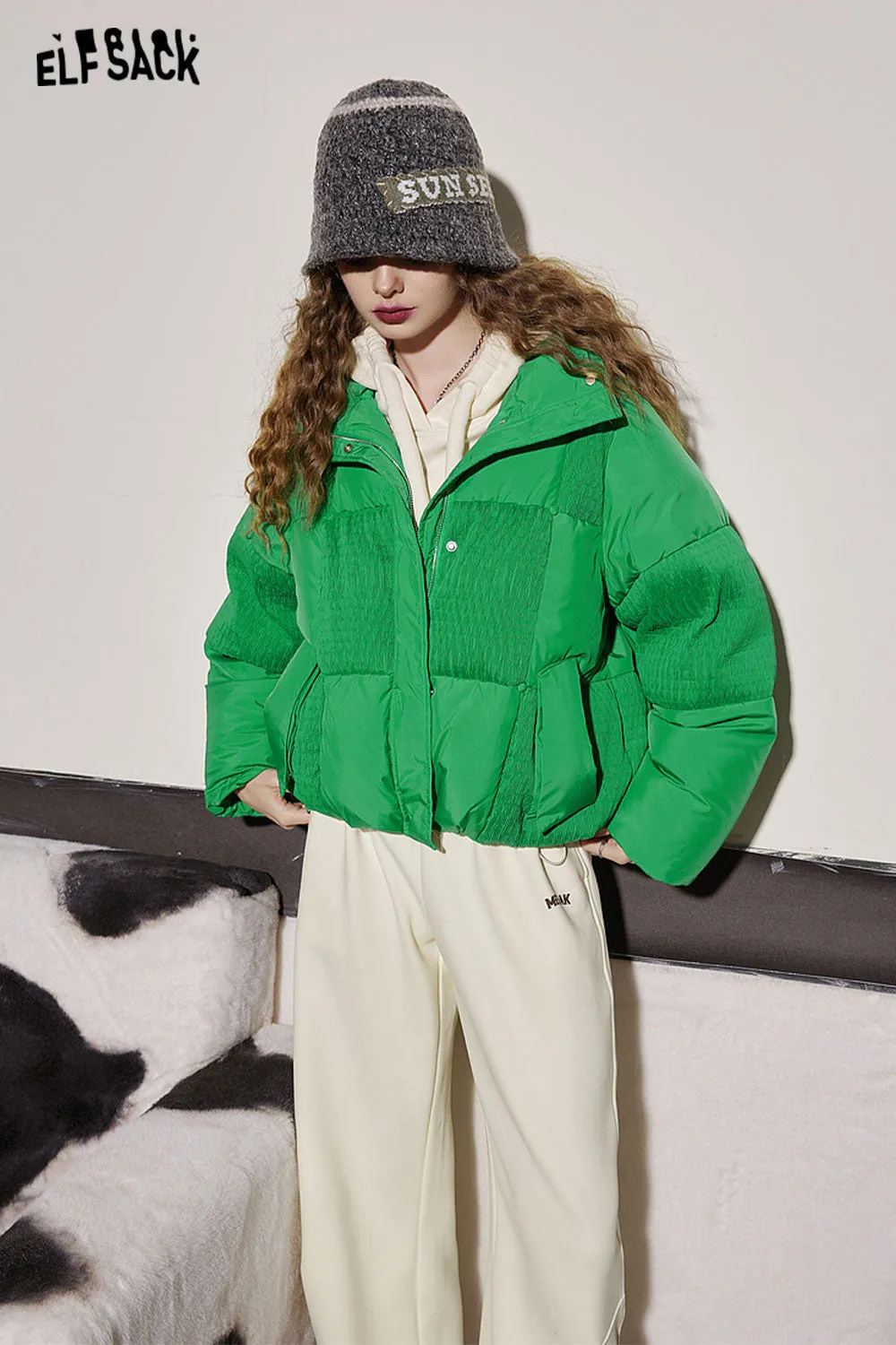 ELFSACK Green Spliced Warm Down Coats Women 2023 Winter Loose Short Casual Outwears