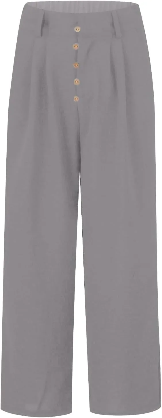 eoeioa Linen Wide Leg Dress Pants for Women Trendy High Waist Button Lounge Trousers Baggy Pockets Straight Fit Palazzo Pants