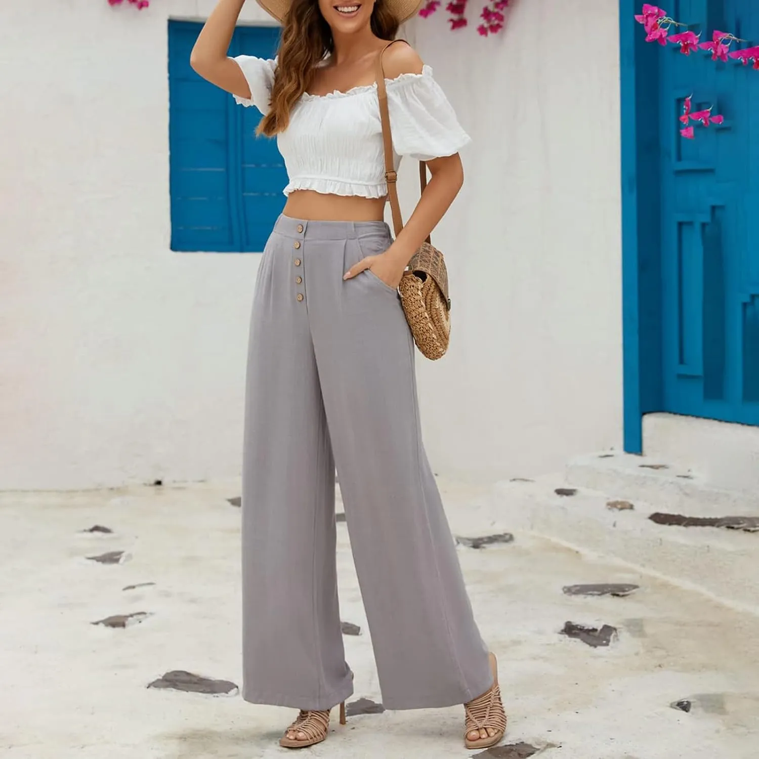 eoeioa Linen Wide Leg Dress Pants for Women Trendy High Waist Button Lounge Trousers Baggy Pockets Straight Fit Palazzo Pants