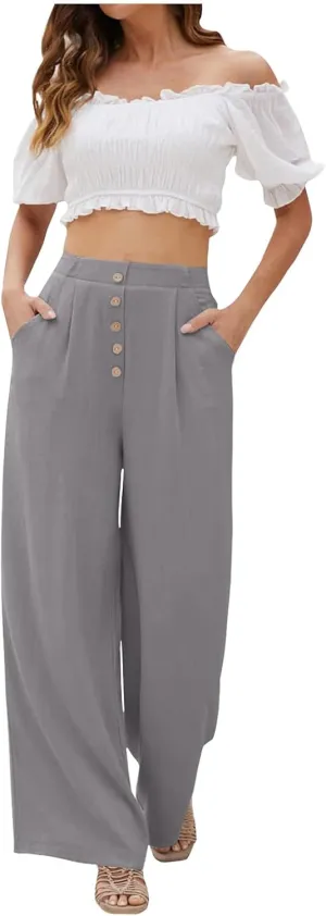 eoeioa Linen Wide Leg Dress Pants for Women Trendy High Waist Button Lounge Trousers Baggy Pockets Straight Fit Palazzo Pants