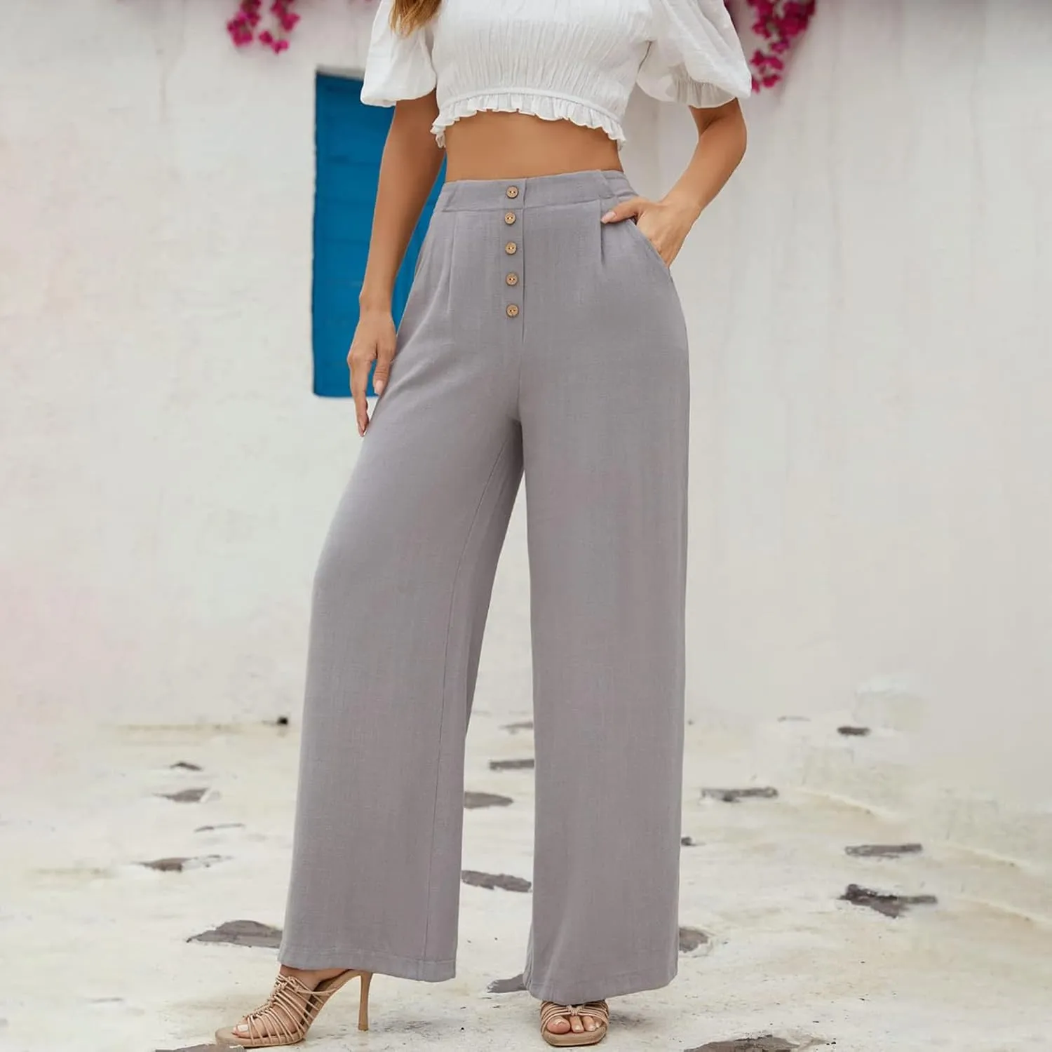 eoeioa Linen Wide Leg Dress Pants for Women Trendy High Waist Button Lounge Trousers Baggy Pockets Straight Fit Palazzo Pants