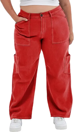 Eytino Womens Plus Size Cargo Pants High Waisted Stretch Wide Leg Baggy Pants Casual Trousers with Pockets(1X-5X)