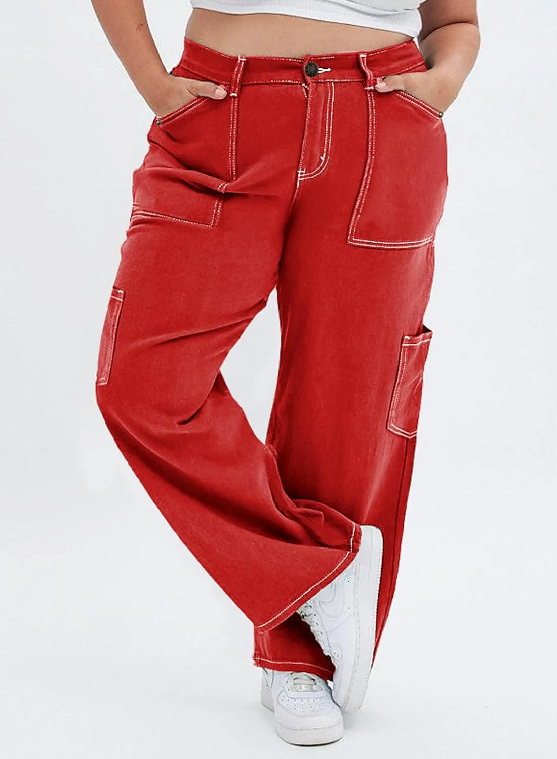 Eytino Womens Plus Size Cargo Pants High Waisted Stretch Wide Leg Baggy Pants Casual Trousers with Pockets(1X-5X)
