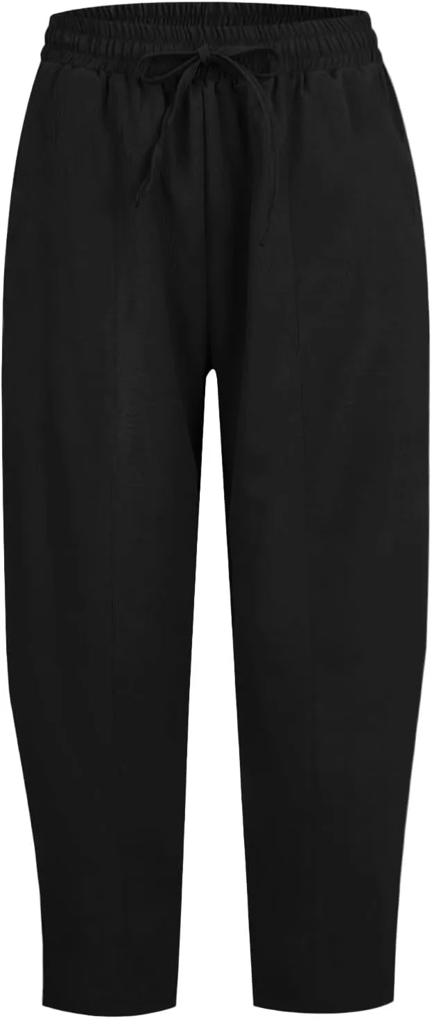 fanmpghleoo Linen Harem Pants Women with Pockets Drawstring Wide Leg Pirate Pants High Waisted Capri Joggers with Pockets