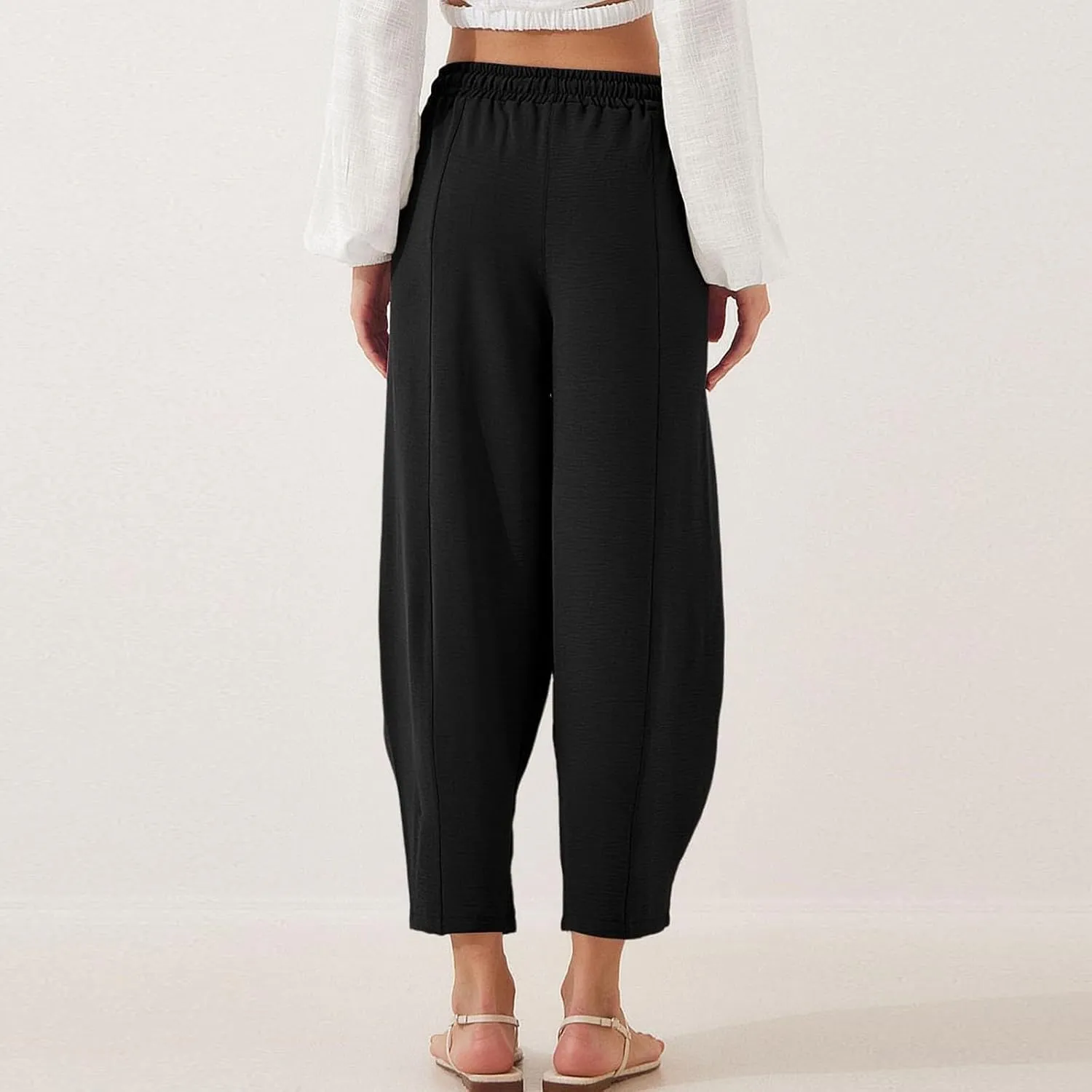 fanmpghleoo Linen Harem Pants Women with Pockets Drawstring Wide Leg Pirate Pants High Waisted Capri Joggers with Pockets