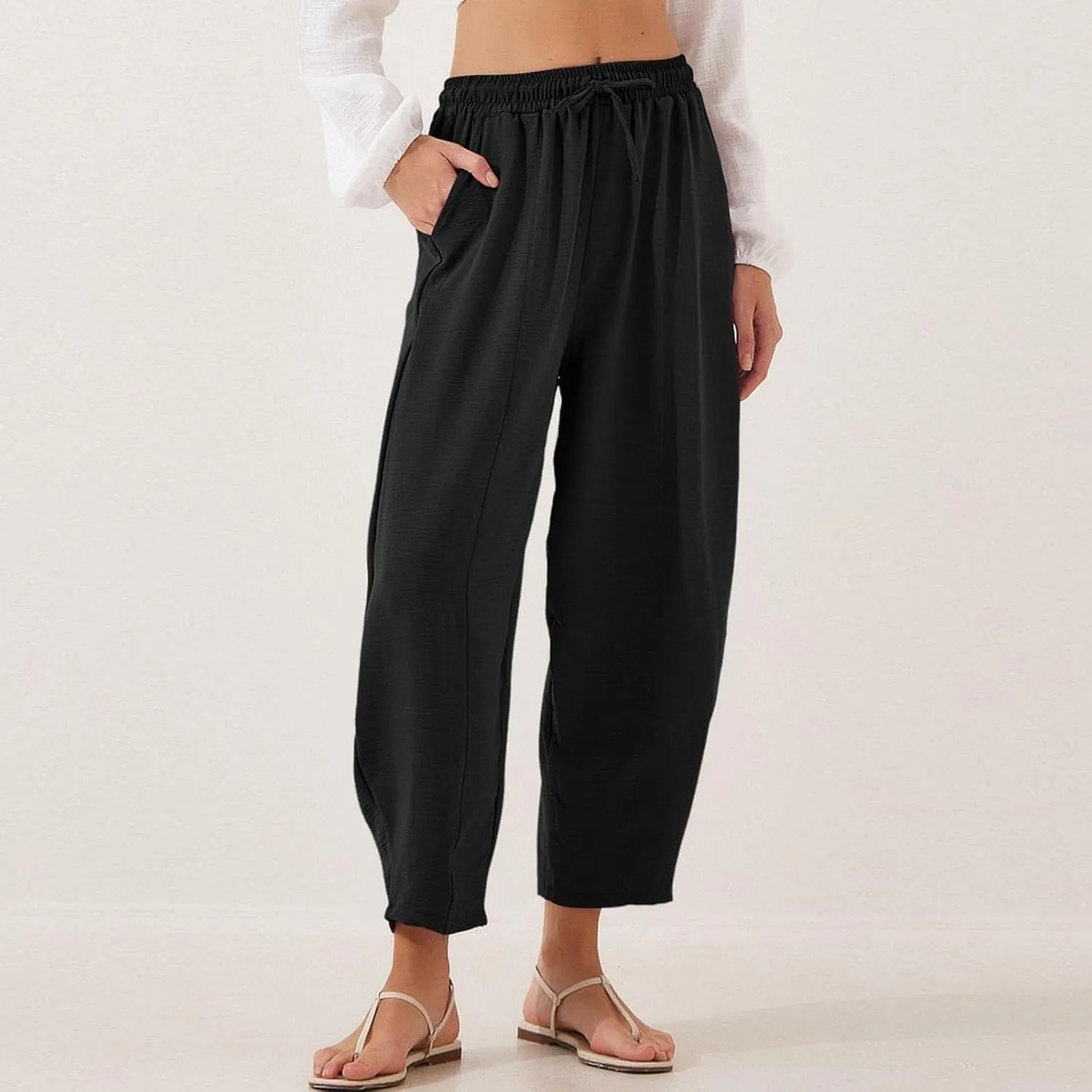 fanmpghleoo Linen Harem Pants Women with Pockets Drawstring Wide Leg Pirate Pants High Waisted Capri Joggers with Pockets