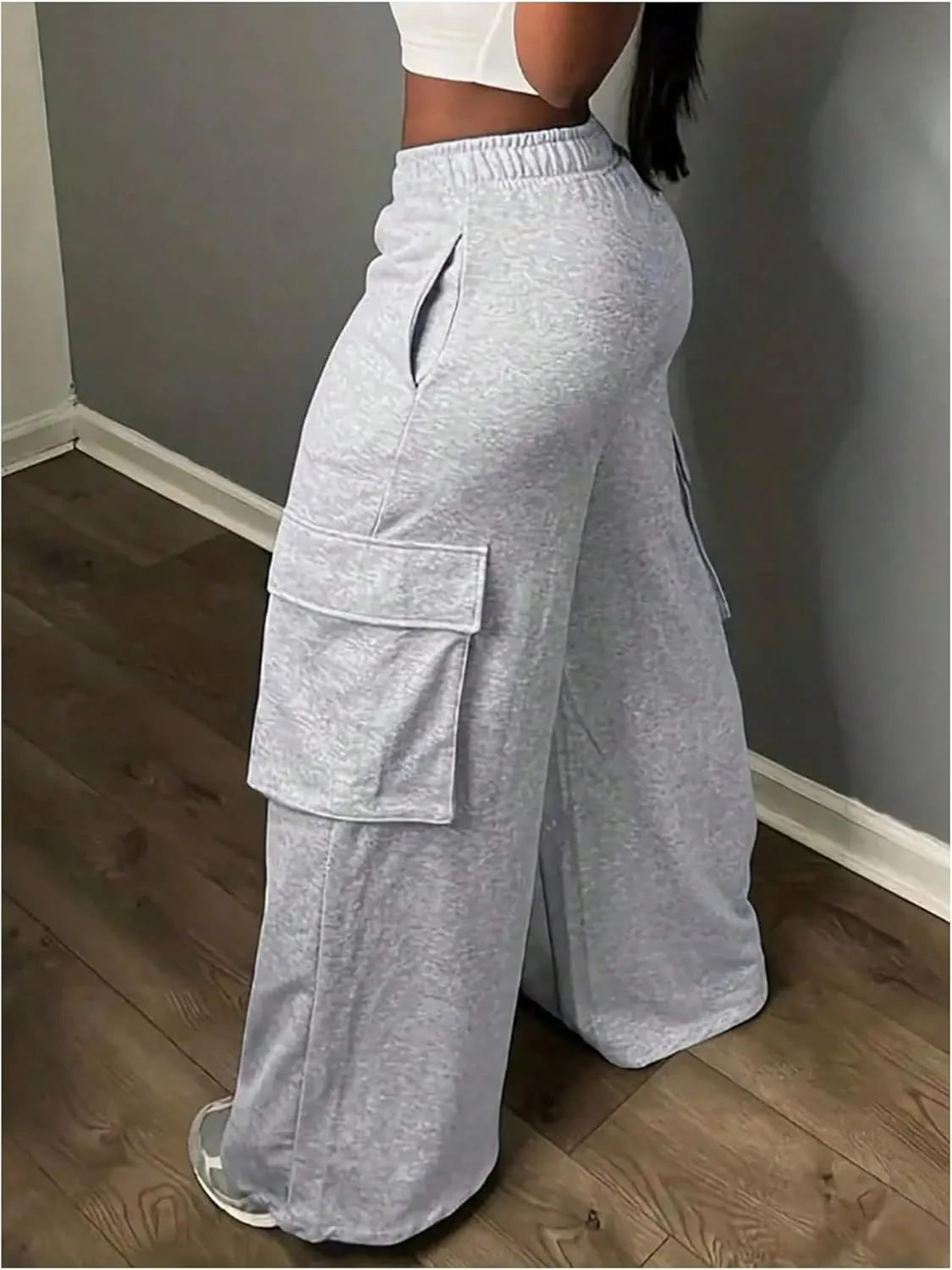 Floerns Women's Elastic Waist Cargo Pants Workout Wide Leg Pants Trousers with Pockets